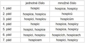 Přehled skloňování podstatného jména hospic